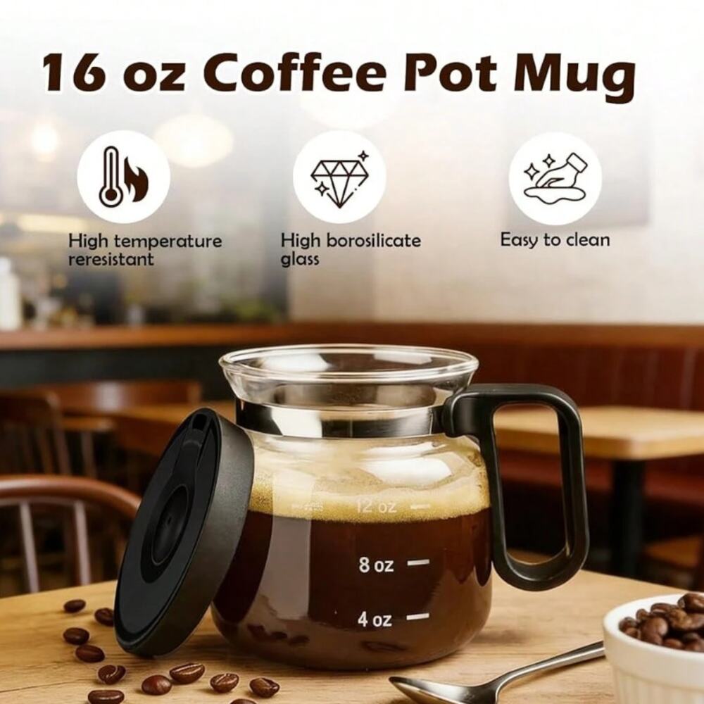 KeenCJCVor 16 oz Glass Mini Coffee Pot Mug Heat-Resistant w/ Spill-Resistant New